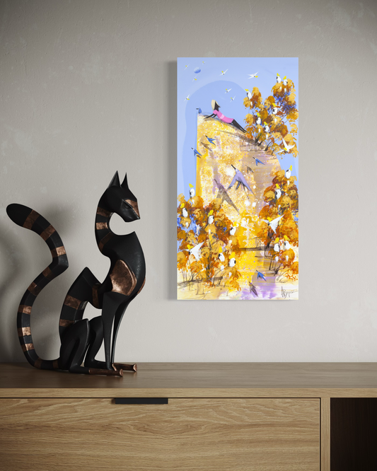 Nowhere to Be by Adam Bogusz hanging unframed on a pale wall above a light oak sideboard, beside a tall black cat sculpture, showing the scale of the painting in a room.