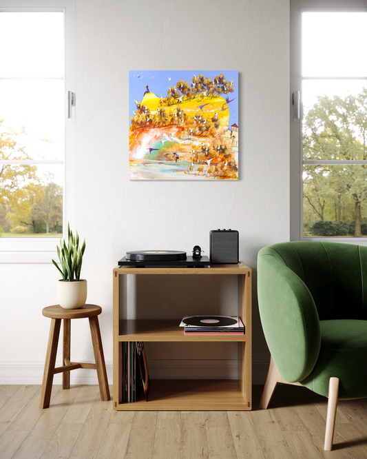 Always There by Adam Bogusz hanging on a white wall between two windows, above a timber record cabinet with a turntable, a potted plant on a stool and a green velvet armchair.