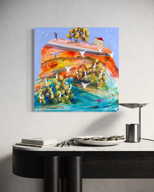 It Was Always There by Adam Bogusz hanging unframed on a pale wall above a black and travertine console with books, a stone bowl and a metal lamp, showing the scale of the painting in a room.