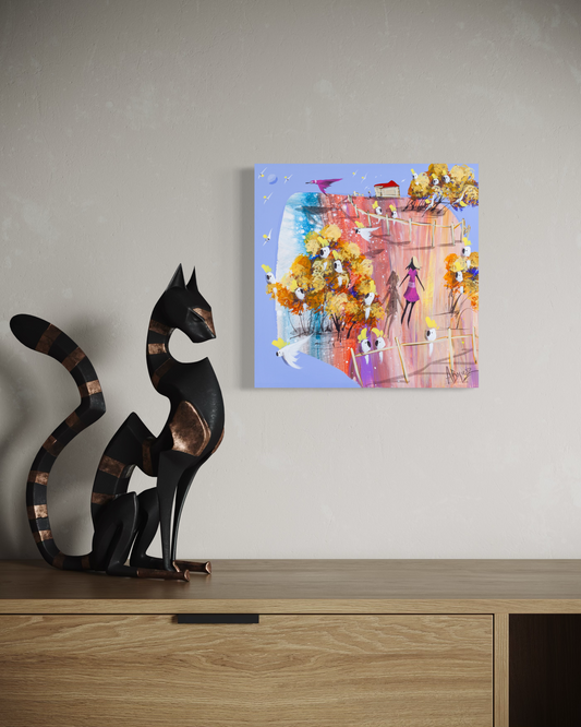 Either Way by Adam Bogusz hanging unframed on a pale wall above a light oak sideboard beside a tall black cat sculpture, showing the scale of the painting in a room.