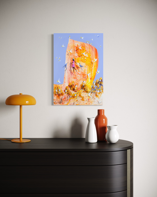 Lifted by Adam Bogusz hanging unframed on a pale wall above a dark timber sideboard with an orange lamp and vases, seen at a slight angle so the depth of the painted board is visible.