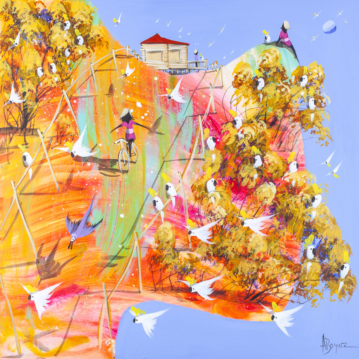 Lost and Found, original acrylic painting on board by Adam Bogusz. A hillside poured in orange, pink and soft green against a blue sky, with a girl in magenta riding a bicycle downhill with her arms out wide, a red roofed cottage on the ridge with a figure on the verandah, the same girl sitting on a far peak beside a cockatoo, and golden trees full of sulphur crested cockatoos.