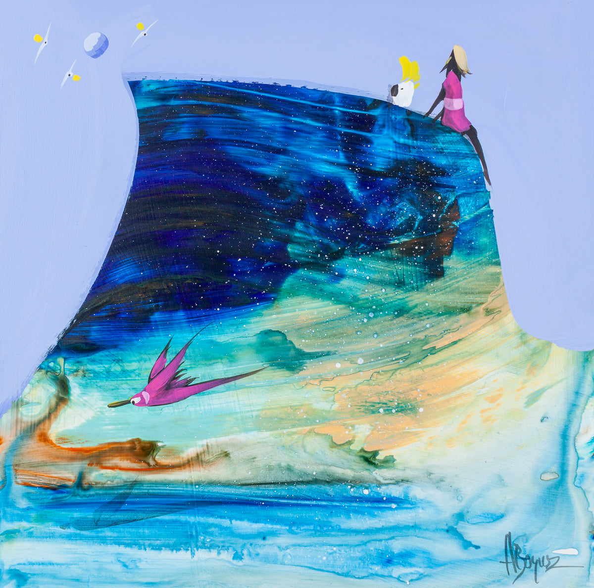 Sitting Quietly, original acrylic painting on board by Adam Bogusz. A great wave shaped form poured in deep blue, turquoise and sand against a soft blue sky, flecked with white like stars, with a girl in magenta sitting on the top edge beside a sulphur crested cockatoo, a pink bird diving across the face and a small pale moon above.