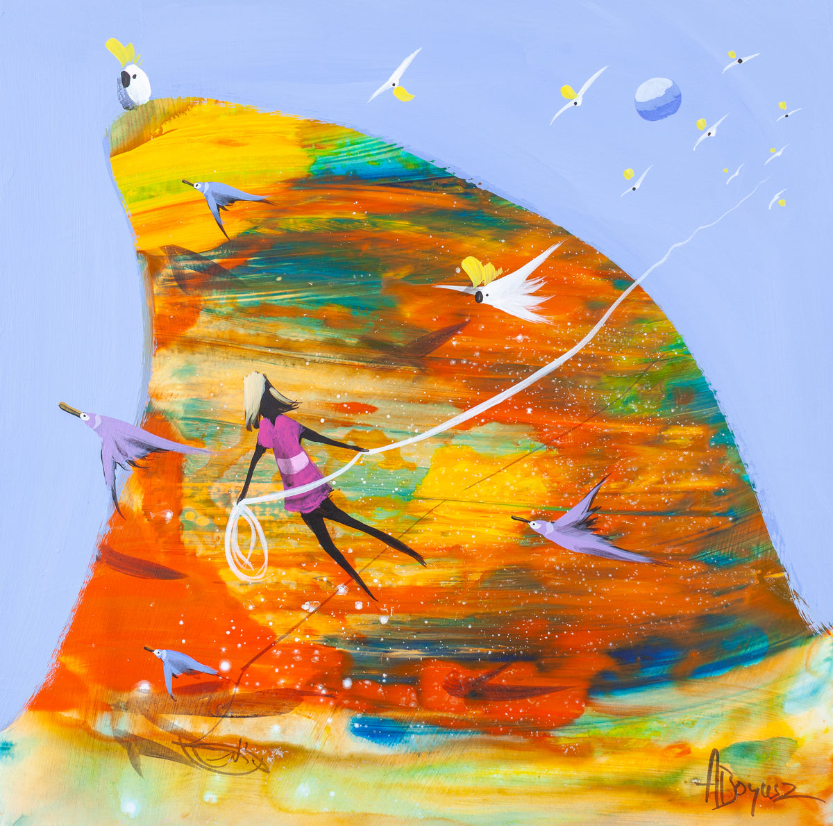 Carried Away, original acrylic painting on board by Adam Bogusz. A great wave shaped form poured in orange, gold and turquoise against a soft blue sky, with a girl in magenta lifted off her feet by a long white line that runs up into the sky, purple birds flying beside her, a sulphur crested cockatoo on the peak and another in flight, and a small pale moon above.