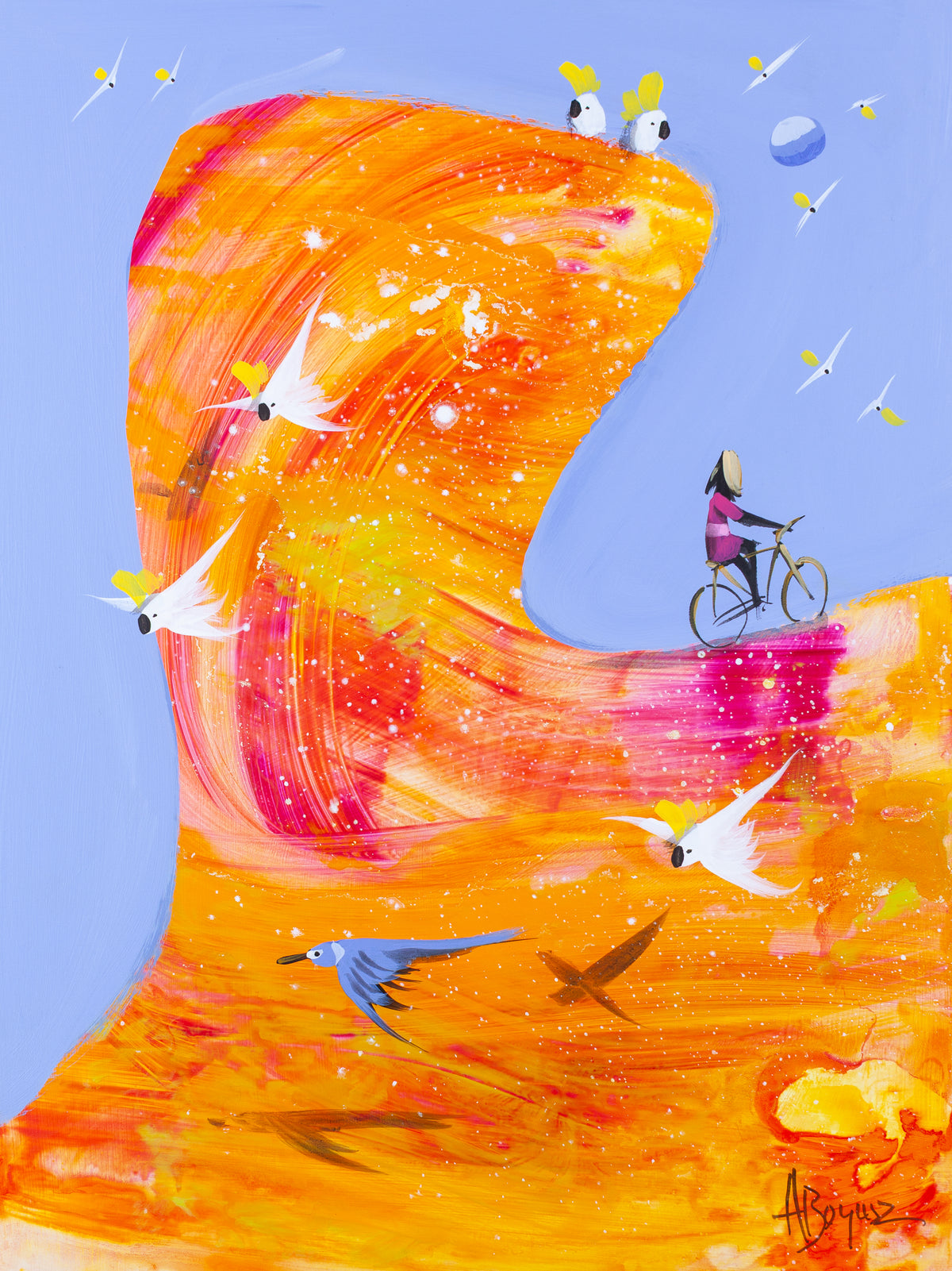 Let It Come, original acrylic painting on board by Adam Bogusz. A great orange and pink wave curls up against a soft blue sky, with a girl in magenta on her bicycle in the hollow beneath its crest, two sulphur crested cockatoos perched on top, more in flight across its face, a blue bird skimming low and a small pale moon above.