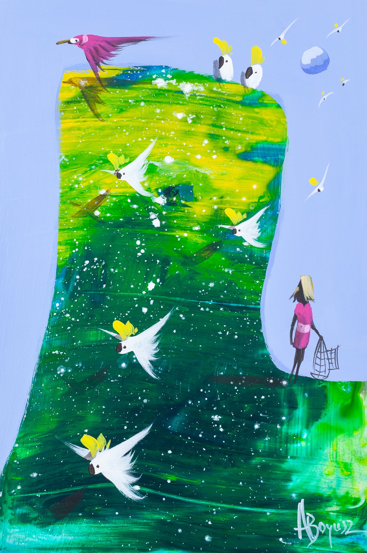 Not Mine to Keep, original acrylic painting on board by Adam Bogusz. A tall form poured in deep green and yellow against a soft blue sky, flecked with white like stars, with a girl in magenta standing at its foot holding an empty birdcage while sulphur crested cockatoos fly free across its face, two more perch on top beside a pink bird, and a small pale moon hangs above.