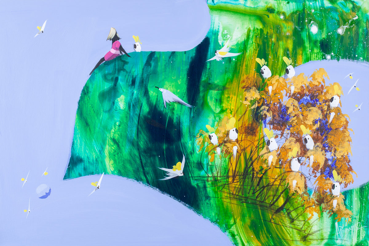 Out on a Limb, original acrylic painting on board by Adam Bogusz. A long green ridge poured in emerald, teal and gold reaches out into a soft blue sky, with a girl in magenta sitting at its very tip beside a sulphur crested cockatoo, a golden tree crowded with cockatoos further back, white birds in flight and a small pale moon low on the left.