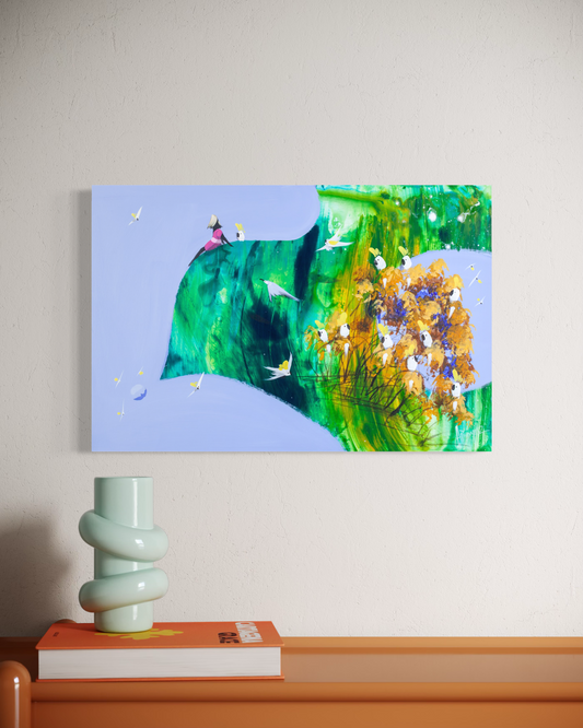 Out on a Limb by Adam Bogusz hanging above a glossy orange console with a mint green sculptural vase on an orange book, shown to scale in a living space.