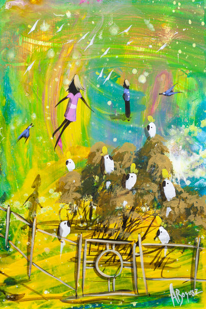 The Gateway, an original acrylic painting on board by Brisbane artist Adam Bogusz, showing sulphur-crested cockatoos gathered in golden trees around a fence and open gate, with two faceless figures and blue birds beneath a swirling green and yellow sky.