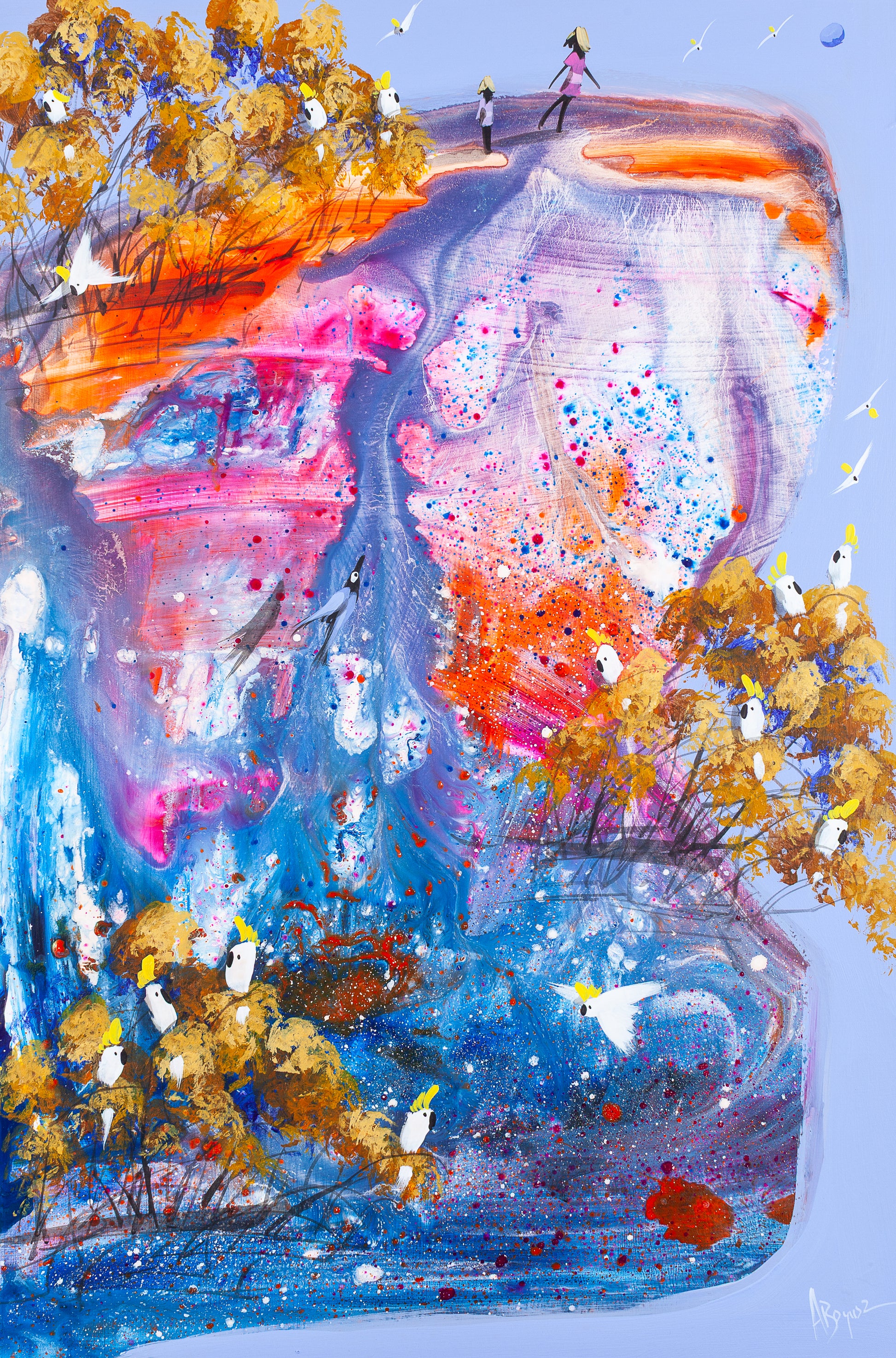 Expressive Australian landscape painting in blue, pink and orange with cockatoos in golden trees and two figures on a ridge, by Adam Bogusz.