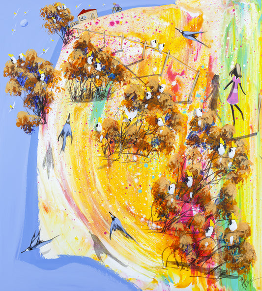 Expressive Australian landscape painting in gold, yellow and pink with cockatoos in ochre trees, a floating girl and a distant house, by Adam Bogusz.