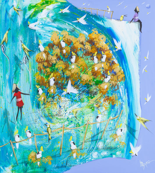 Expressive Australian landscape painting in turquoise and blue with cockatoos in a golden tree, birds in flight and two figures, by Adam Bogusz.