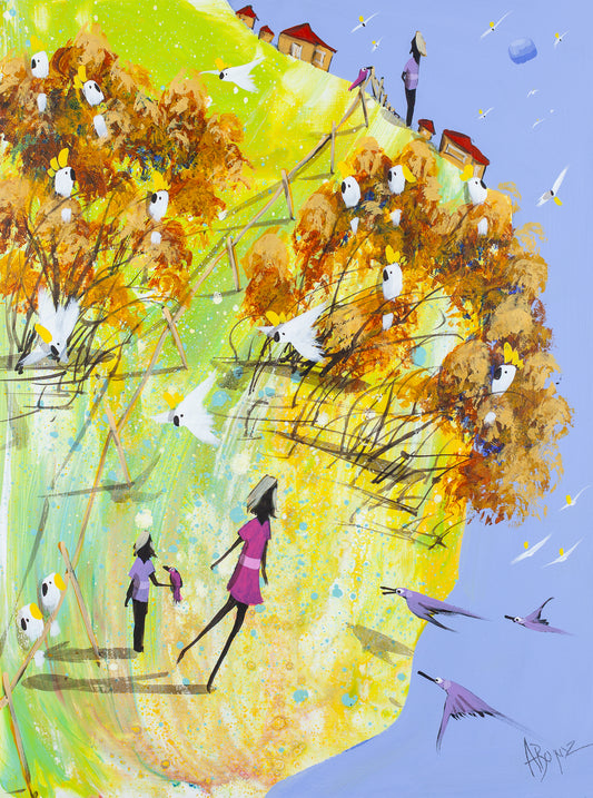 Original acrylic painting of cockatoos in golden trees with figures on a green hillside, by Brisbane artist Adam Bogusz