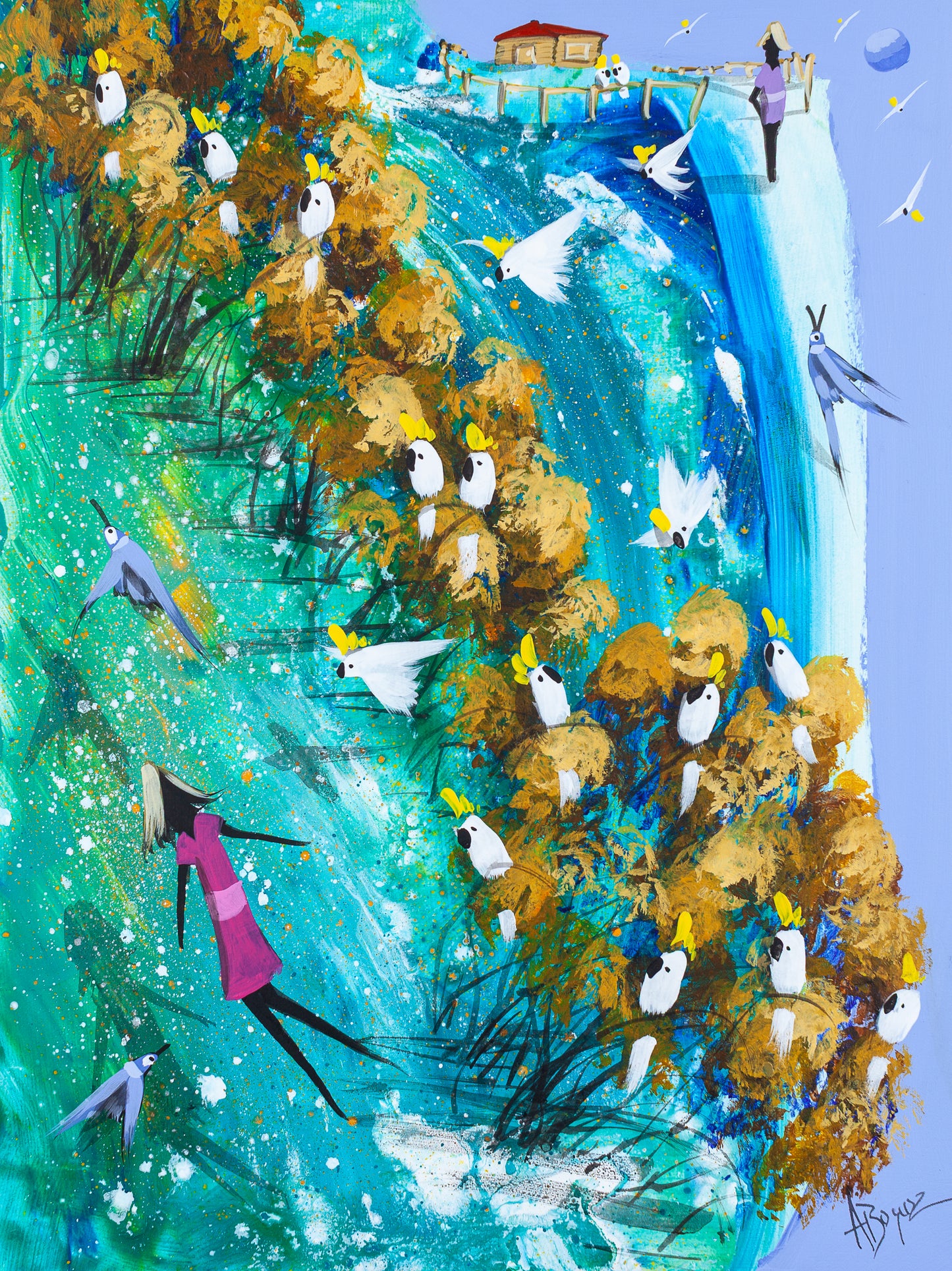 Original acrylic painting of a figure drifting through turquoise water with cockatoos in golden trees and a homestead above, by Brisbane artist Adam Bogusz