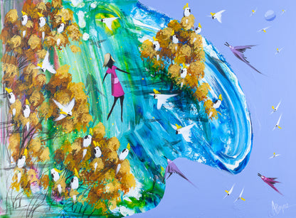 Somewhere In Between, original acrylic painting on board by Adam Bogusz. Green and blue landscape under a soft blue sky, with a woman in pink floating clear of the slope with one arm out and sulphur crested cockatoos gathered through golden ochre trees.
