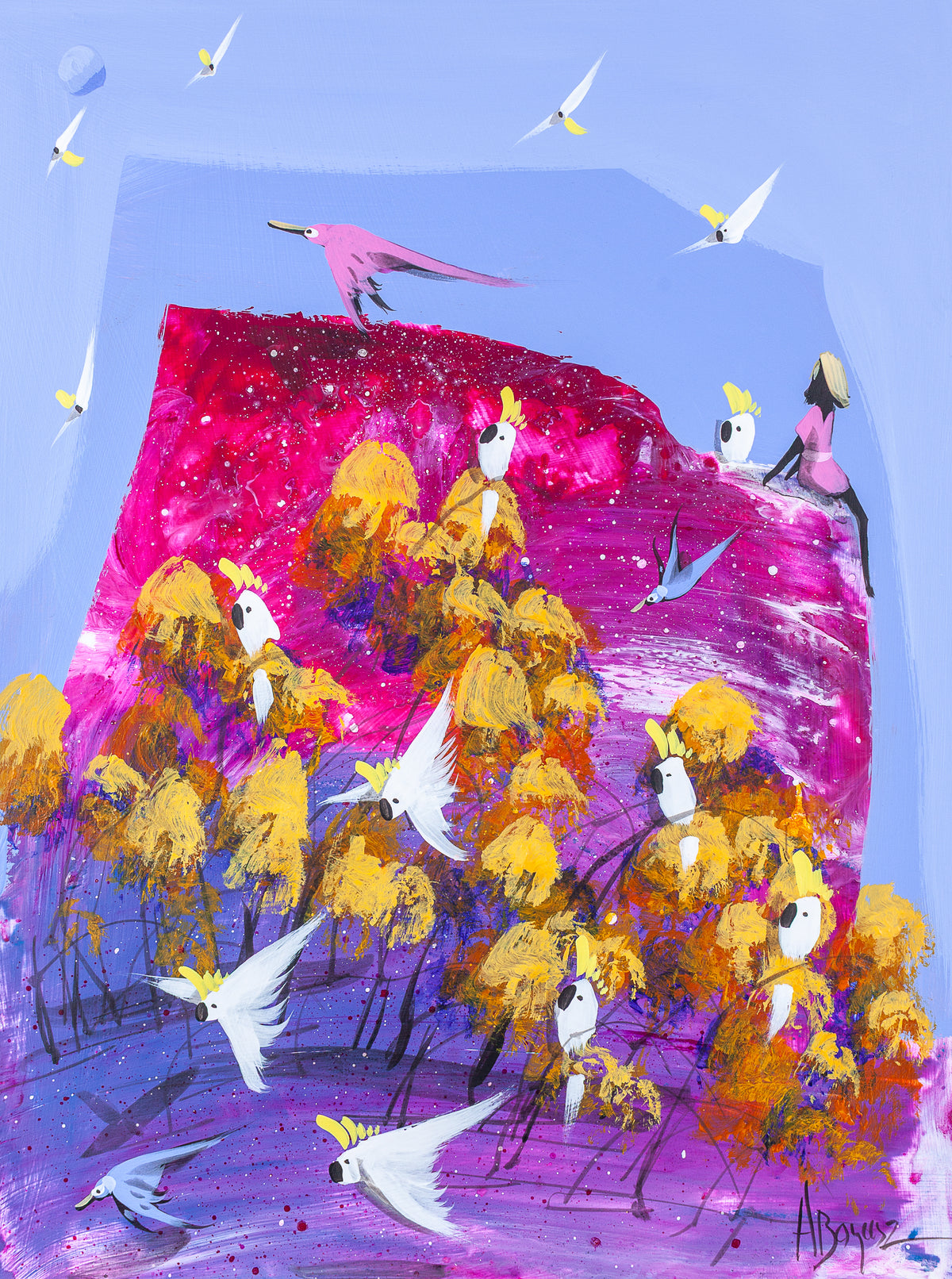 Good Company, original acrylic painting on board by Adam Bogusz. Magenta and purple landscape against a soft blue sky, with a woman in pink sitting at the edge beside a single sulphur crested cockatoo while the rest of the flock gathers in golden trees below.