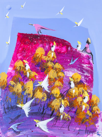 Good Company, original acrylic painting on board by Adam Bogusz. Magenta and purple landscape against a soft blue sky, with a woman in pink sitting at the edge beside a single sulphur crested cockatoo while the rest of the flock gathers in golden trees below.