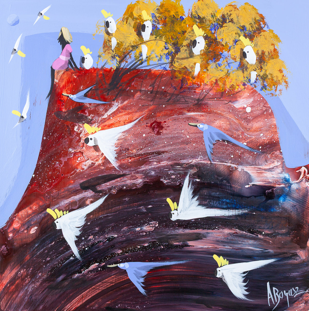 Above the Rush, original acrylic painting on board by Adam Bogusz. Deep red and burgundy landscape against a soft blue sky, with a woman in pink sitting at the edge beside a single sulphur crested cockatoo while the flock sweeps through the dark ground below.