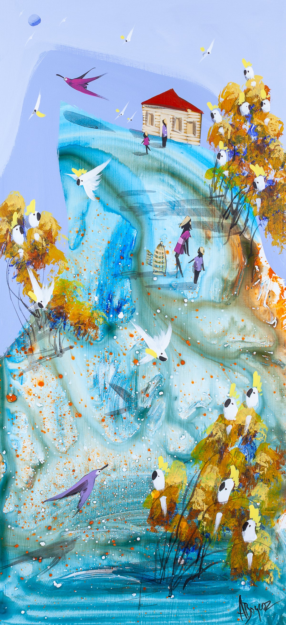 Each in Their Own Time, original acrylic painting on board by Adam Bogusz. Tall turquoise and blue landscape against a soft blue sky, with a red roofed house and two figures at the top, two more figures further down the slope beside a birdcage, and sulphur crested cockatoos gathered in golden ochre trees.