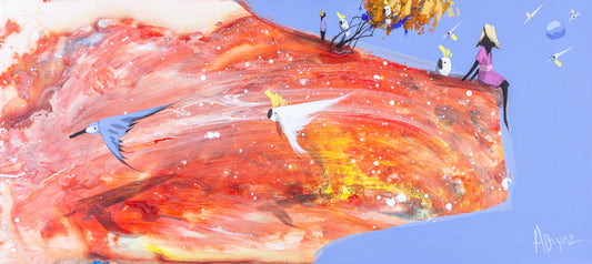 Still Here, original acrylic painting on board by Adam Bogusz. Wide red and orange landscape against a soft blue sky, with a woman in pink sitting at the edge beside a cockatoo, a second figure standing further along the ridge by a golden tree, and birds flying low across the rock.