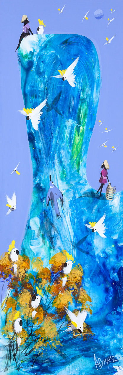 The Same Blue, original acrylic painting on board by Adam Bogusz. Tall blue and turquoise landscape against a soft blue sky, with a figure seated at the top beside a cockatoo, a woman in pink further down beside an open birdcage, a blue bird in the space between them and sulphur crested cockatoos in golden trees below.