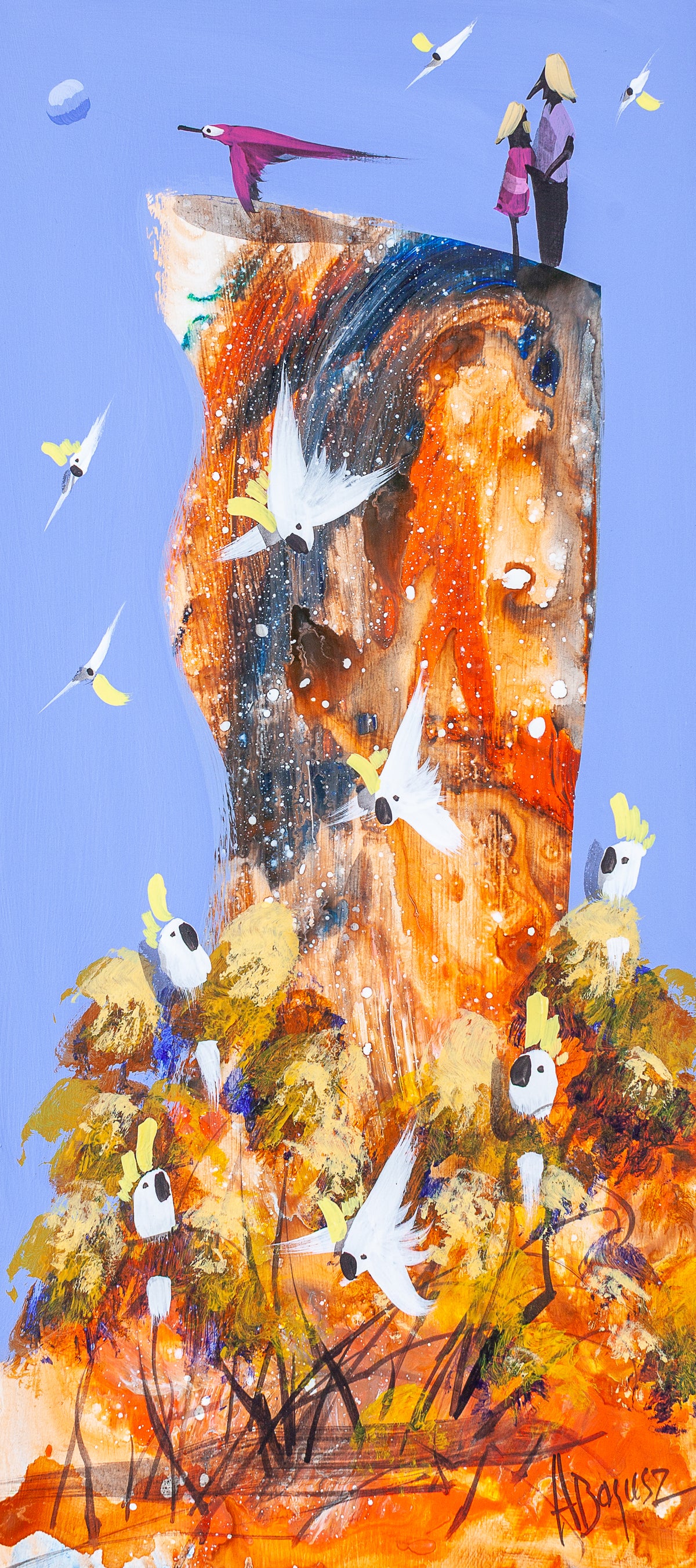 Side by Side, original acrylic painting on board by Adam Bogusz. Tall orange and rust rock against a soft blue sky, with two figures standing close together at the top looking out the same way, a magenta bird flying past and sulphur crested cockatoos gathered in golden trees below.