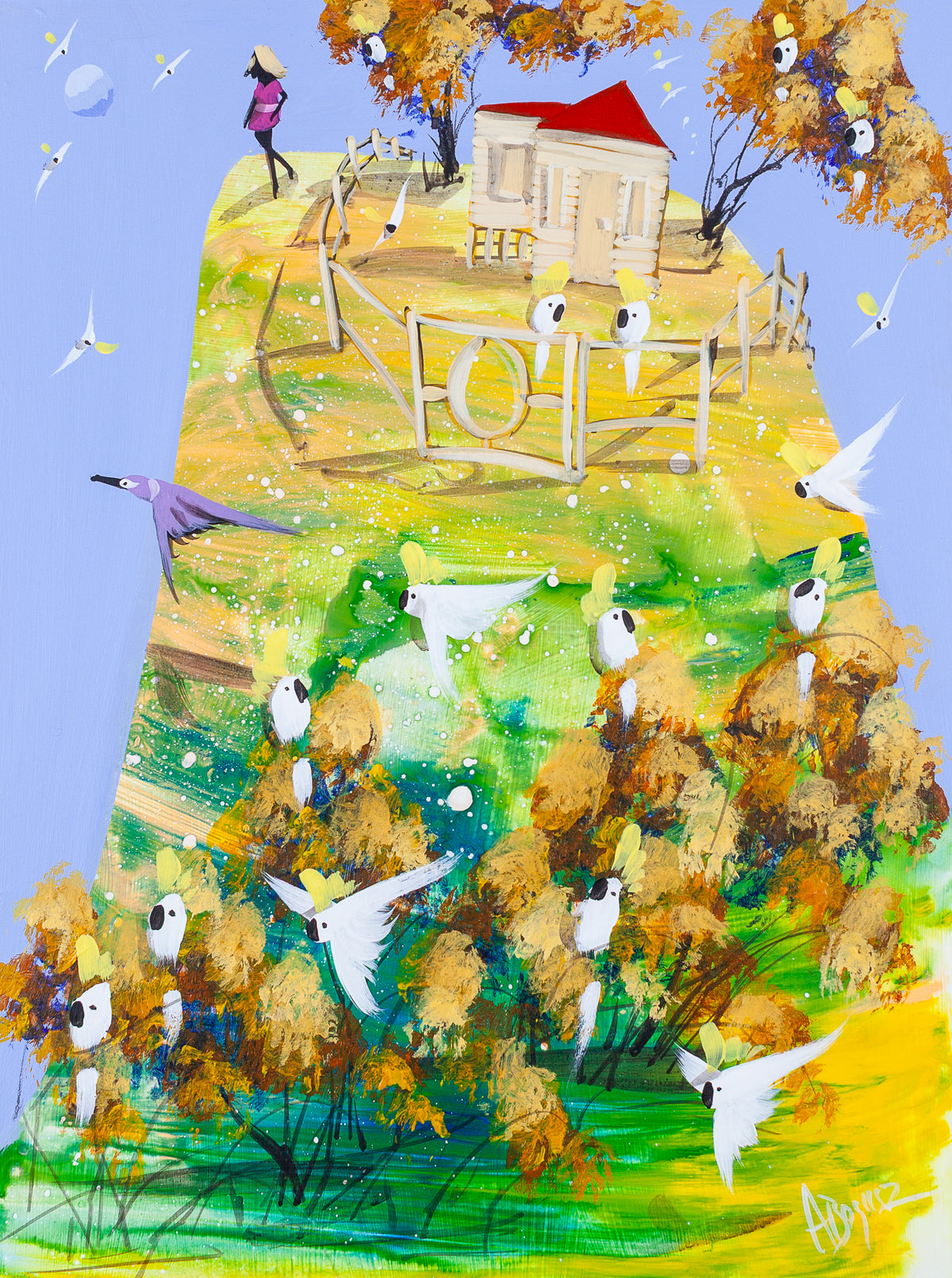 When She's Ready, original acrylic painting on board by Adam Bogusz. Green and gold hillside against a soft blue sky, with a red roofed house behind a fence and ornate gate, two cockatoos perched on the gate, a woman in pink walking just outside the fence line and sulphur crested cockatoos gathered in golden trees below.