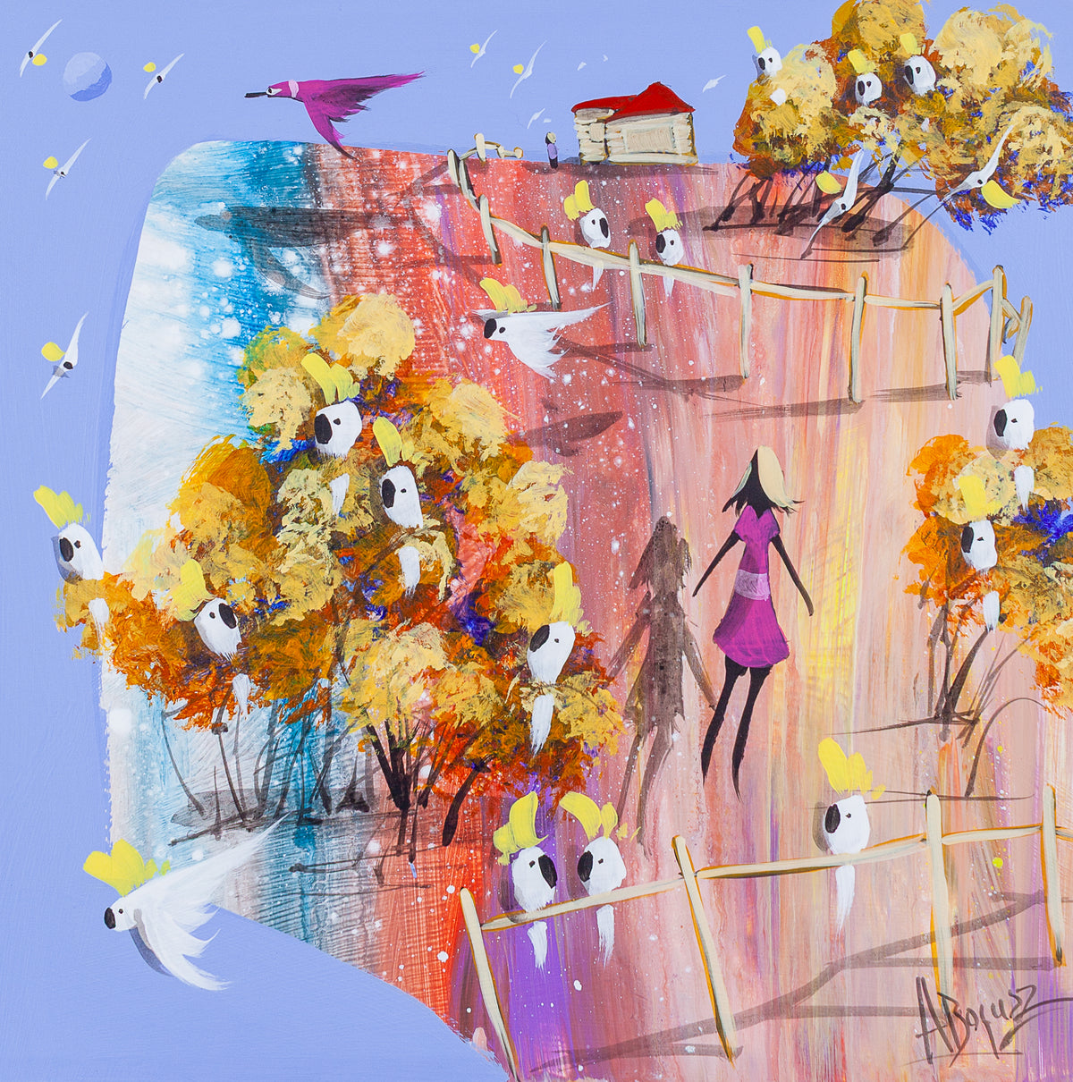 Either Way, original acrylic painting on board by Adam Bogusz. Pink, orange and blue landscape against a soft blue sky, with a woman in pink floating between two fence lines beside a pale shadow figure, a red roofed house up the hill and sulphur crested cockatoos perched on the fences and gathered in golden trees.