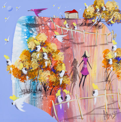 Either Way, original acrylic painting on board by Adam Bogusz. Pink, orange and blue landscape against a soft blue sky, with a woman in pink floating between two fence lines beside a pale shadow figure, a red roofed house up the hill and sulphur crested cockatoos perched on the fences and gathered in golden trees.