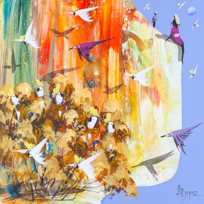 Nothing to Catch by Adam Bogusz, expressive acrylic painting on MDF board. Sulphur crested cockatoos perch in golden scrub and fly across a poured ground of orange, red, yellow and green, their shadows falling across the landscape, while a girl in a pink dress sits on the edge of a soft blue sky with a small moon and purple birds passing by.