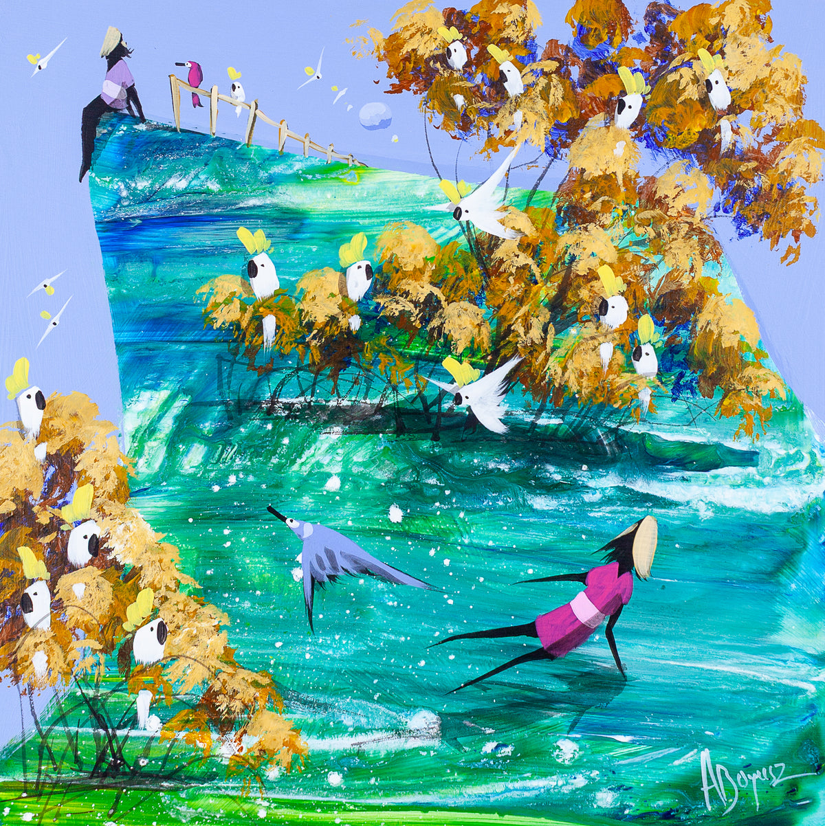 When You’re Ready by Adam Bogusz, expressive acrylic painting on MDF board. A girl in a pink dress and straw hat leans forward through flowing turquoise and green water flecked with white, a pale blue bird flying beside her, while a boy in a pale purple shirt sits at the top of the hill beside a timber fence where a pink bird and a cockatoo perch. Sulphur crested cockatoos fill golden gum trees on both sides, with white birds and a small moon in the soft blue sky.