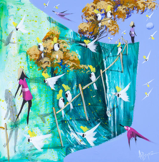 The Way Through by Adam Bogusz, expressive acrylic painting on MDF board. A girl in a pink dress and straw hat floats on the left with her grey shadow beside her, while a zigzag timber fence climbs a turquoise slope flecked with yellow. Sulphur crested cockatoos perch on the fence and fly over it, more sit in golden gum trees, and a boy in a pale purple shirt stands at the top edge looking out into a soft blue sky with a small moon, a pink bird and a purple bird in flight.