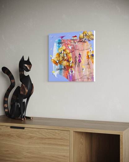 Either Way by Adam Bogusz hanging unframed on a pale wall above a light oak sideboard beside a tall black cat sculpture, seen at a slight angle so the depth of the painted board is visible.