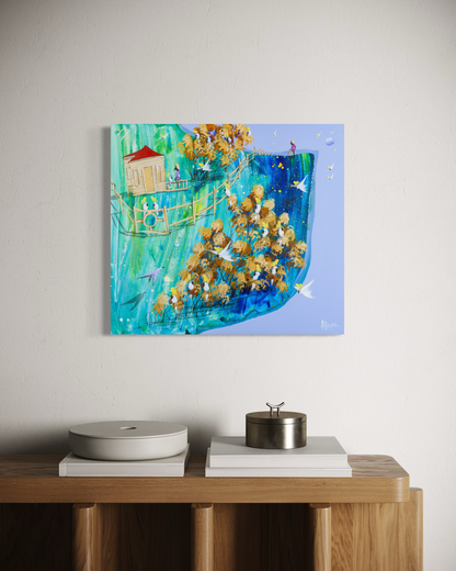 The Open Cage by Adam Bogusz, 50 x 45 cm painting on MDF board hanging above an oak sideboard with white books, a pale ceramic dish and a metal canister, showing a cottage, a long fence and golden gums full of cockatoos.