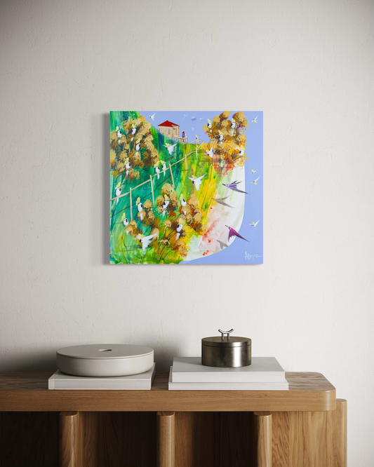 What Stays by Adam Bogusz hanging unframed on a pale wall above a timber console with books and lidded vessels, showing the scale of the painting in a room.