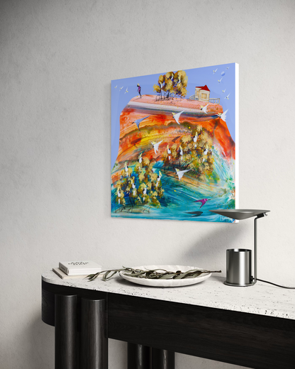 It Was Always There by Adam Bogusz hanging unframed on a pale wall above a black and travertine console with books, a stone bowl and a metal lamp, seen at a slight angle so the depth of the painted board is visible.