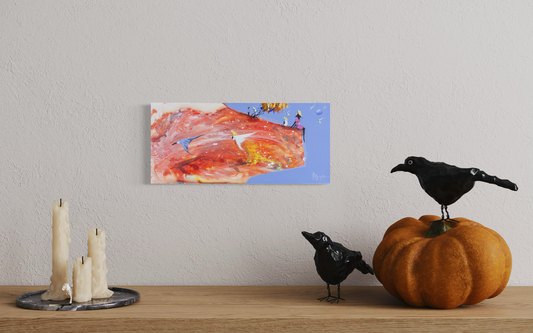 Still Here by Adam Bogusz hanging unframed on a pale textured wall above a timber shelf with candles and black bird figurines, showing the scale of the painting in a room.
