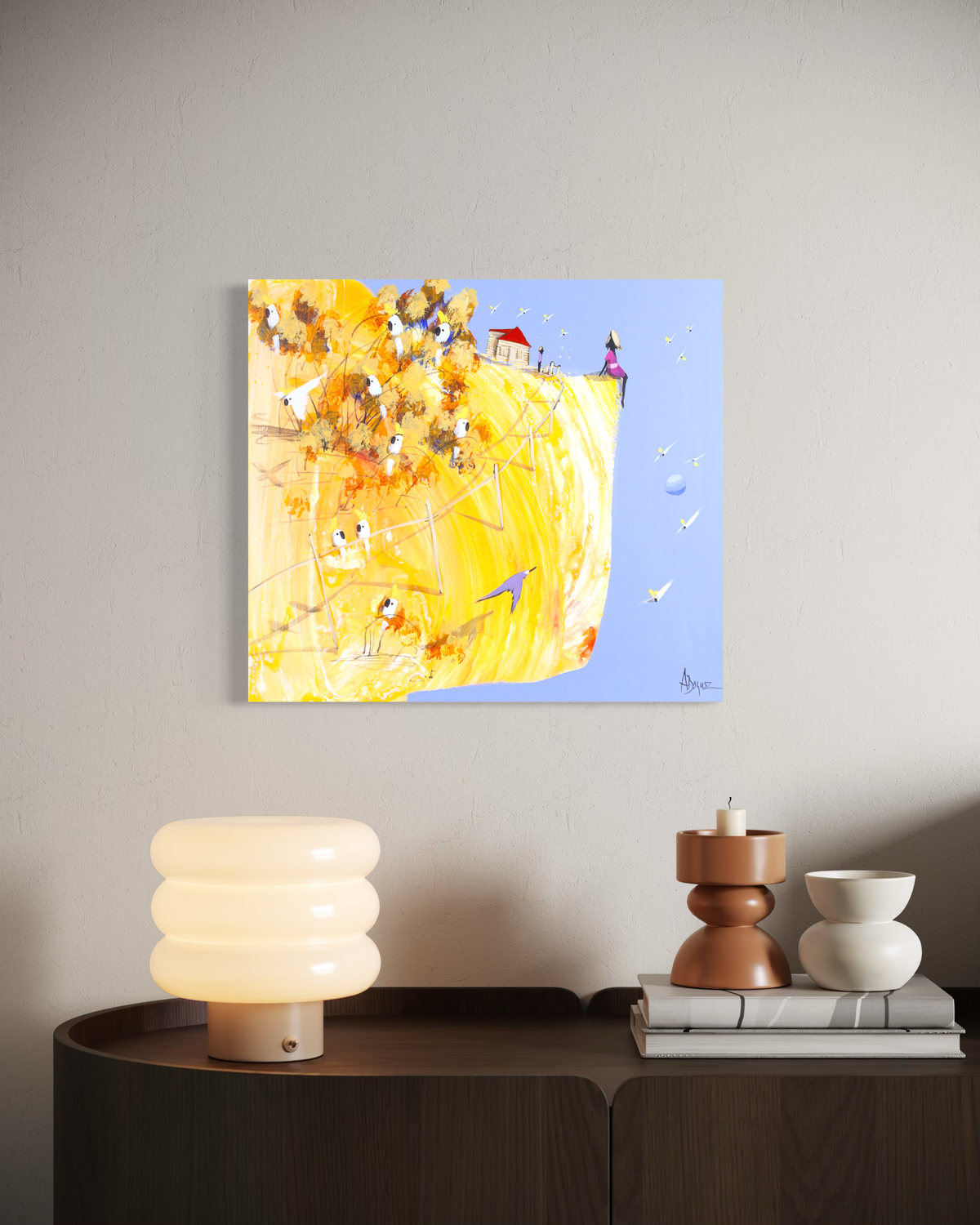 Within Sight of Home by Adam Bogusz hanging unframed on a pale wall above a dark timber sideboard with a rounded lamp and ceramics, showing the scale of the painting in a room.