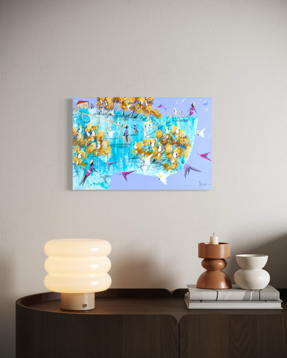 Already Here by Adam Bogusz displayed on a pale wall above a dark timber sideboard styled with a rounded glass lamp, stacked books and two ceramic vessels, shown to indicate scale.