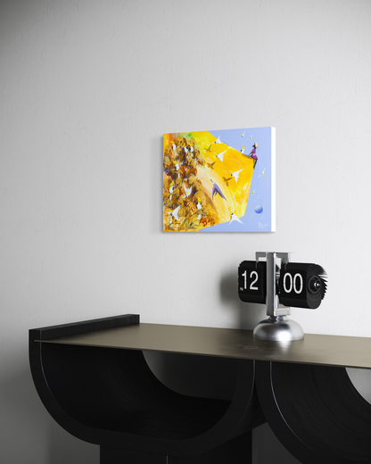 A Different Bird by Adam Bogusz hanging unframed on a white textured wall above a dark console table, seen at a slight angle so the depth of the painted board is visible.