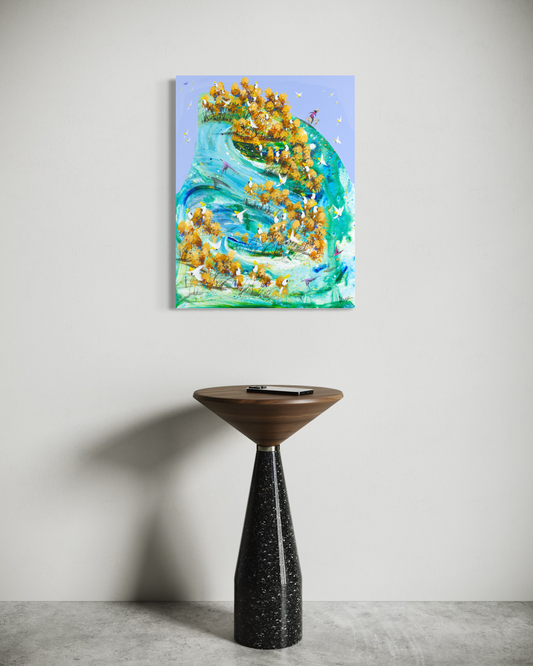 Freewheeling by Adam Bogusz hanging unframed on a pale wall above a walnut and terrazzo side table, showing the scale of the painting in a room.