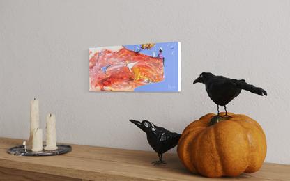 Still Here by Adam Bogusz hanging unframed on a pale textured wall, seen at a slight angle so the depth of the painted board is visible, with candles and decorative objects on the shelf below.