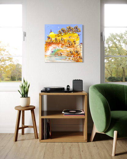 Always There by Adam Bogusz hanging on a white wall between two windows, above a timber record cabinet with a turntable, a potted plant on a stool and a green velvet armchair.