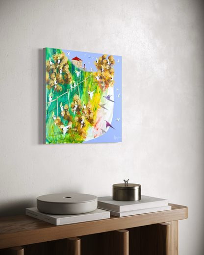 What Stays by Adam Bogusz hanging unframed on a pale wall above a timber console with books and lidded vessels, seen at a slight angle so the depth of the painted board is visible.