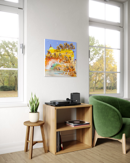 Always There by Adam Bogusz hanging on a white wall in a bright room, above a timber record cabinet with a turntable and a green velvet armchair beside it.
