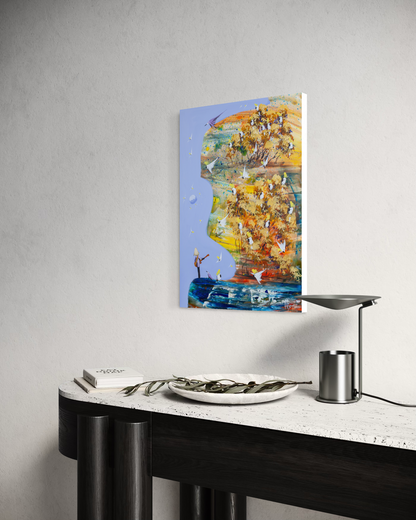 Side view of His Own Song by Adam Bogusz, 50 x 35 cm MDF board, showing the painted edge as it hangs on a pale wall above a black and travertine console with a stone bowl, an olive branch and a metal lamp.