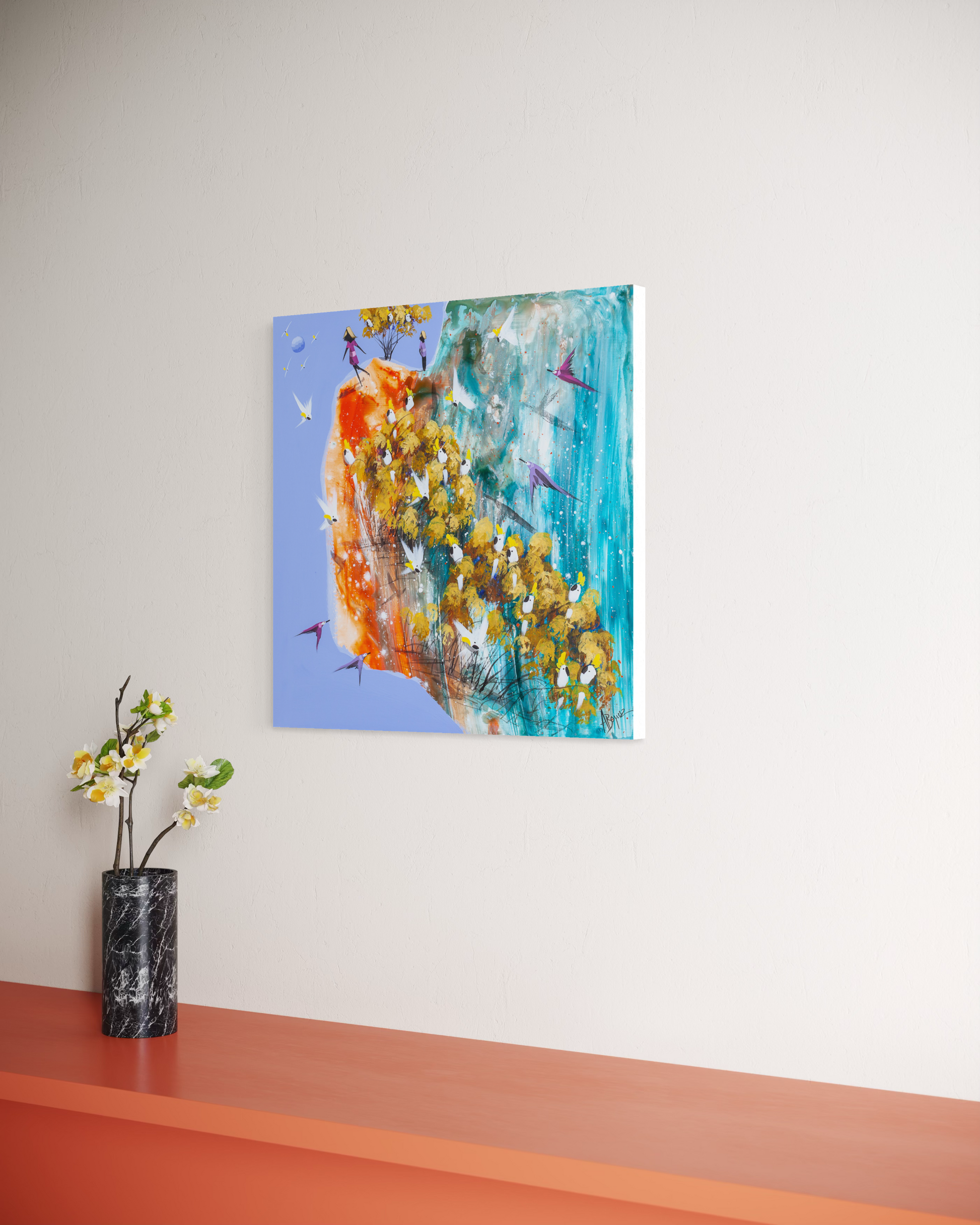 On My Way by Adam Bogusz hanging unframed on a pale wall above a terracotta shelf with a black marble vase, showing the scale of the painting in a room.