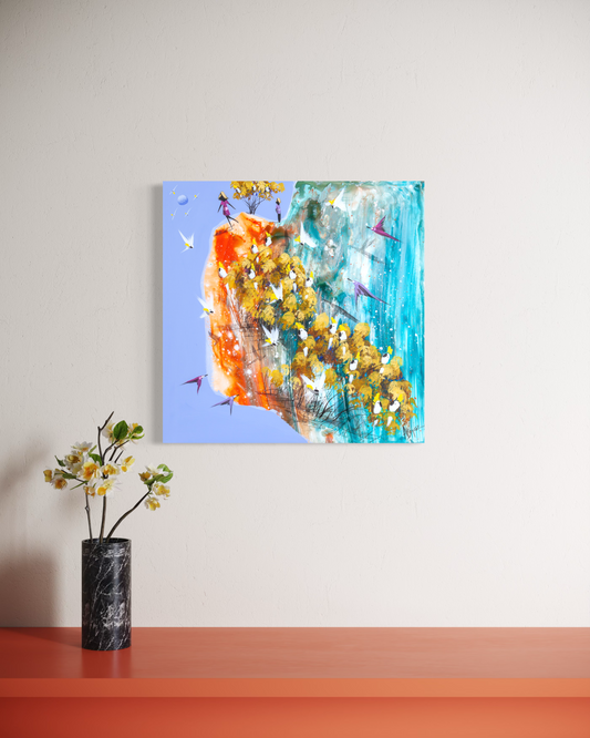 On My Way by Adam Bogusz hanging unframed on a pale wall above a terracotta shelf with a black marble vase, seen at a slight angle so the depth of the painted board is visible.