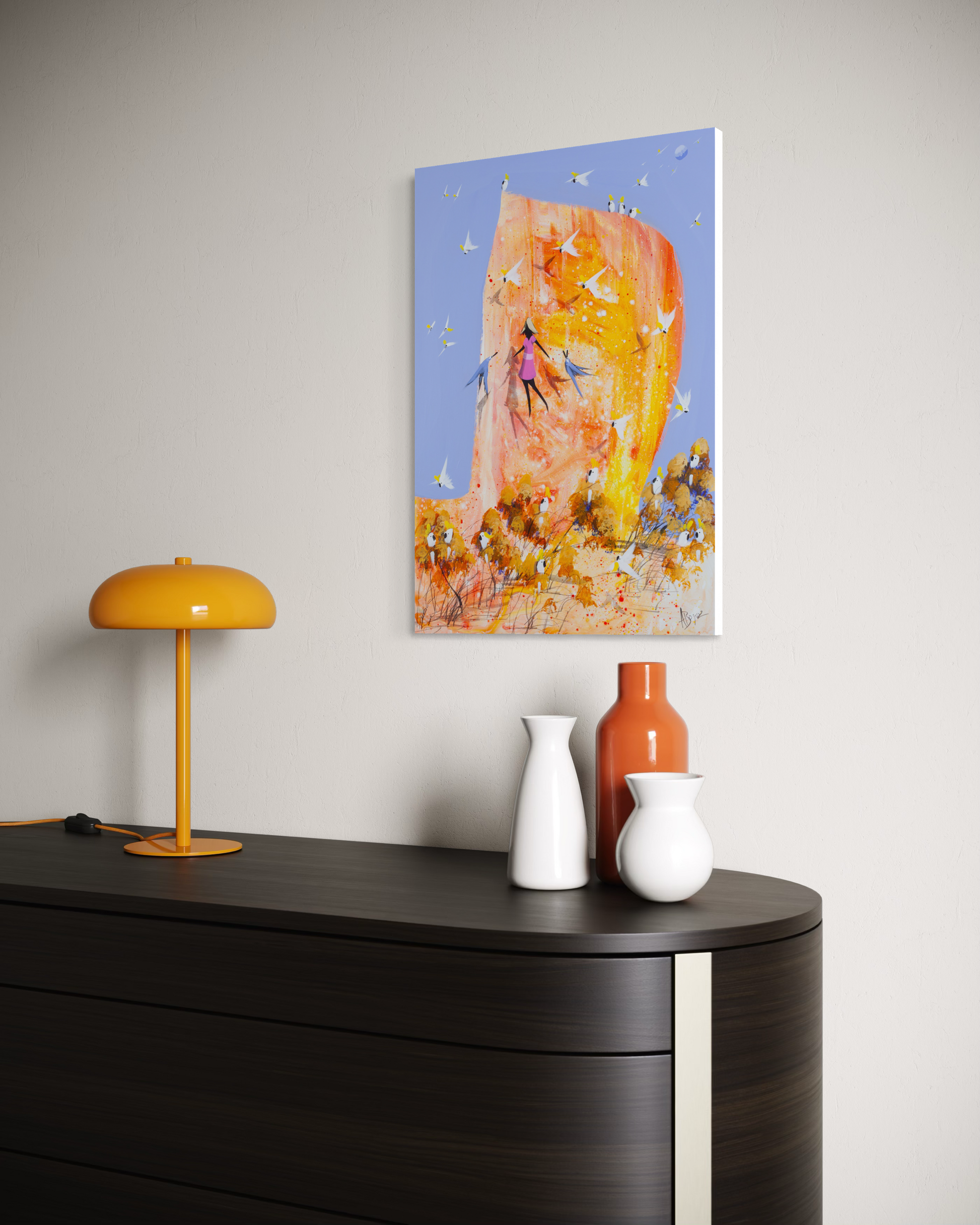 Lifted by Adam Bogusz hanging unframed on a pale wall above a dark timber sideboard with an orange lamp and vases, showing the scale of the painting in a room.