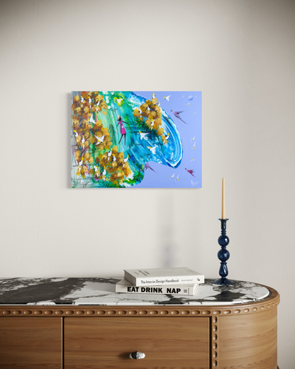 Somewhere In Between by Adam Bogusz hanging unframed on a pale wall above a marble topped timber sideboard with books and a candlestick, showing the scale of the painting in a room.